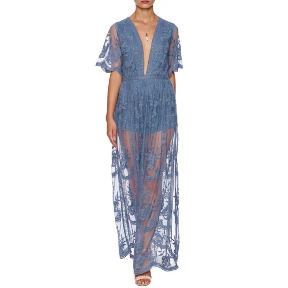 NWT Honey Punch Embroidered Lace Maxi Dress with Romper Size Large Boho C140 -26